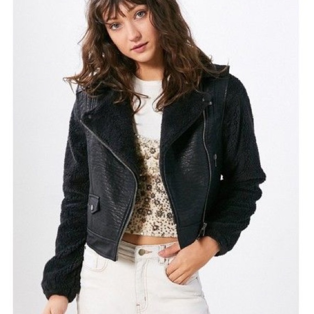 BDG Faux Leather & Fur Bomber Jacket Black/Black